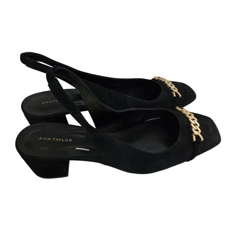 Ann Taylor Black Suede Slingback Block Heels with Gold Chain